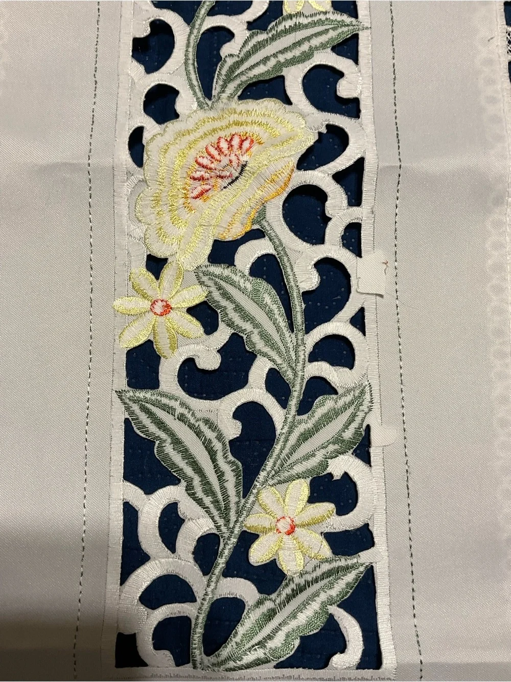 Cream Embroidered Floral Table Runner Cutout Lace - Yellow Flower Detail 50”